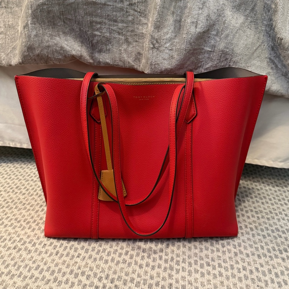 Tory Burch Red Leather Tote with Tan Accents - Picture 9 of 12